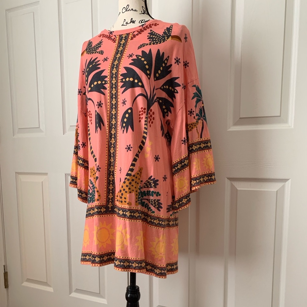 Anthropologie Pink Floral Tunic Dress with Navy and Mustard Motif - Picture 2 of 7